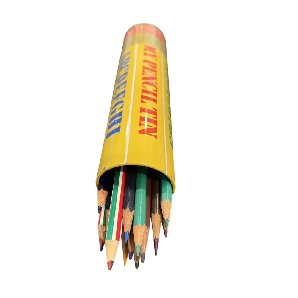 Colorful Pencil-Shaped Tin With Colored Pencils